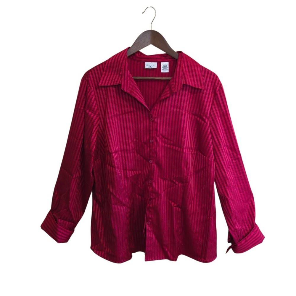 Covington Women's Blouse Size 16 Longsleeve Button Up Red& Gold Striped Collared